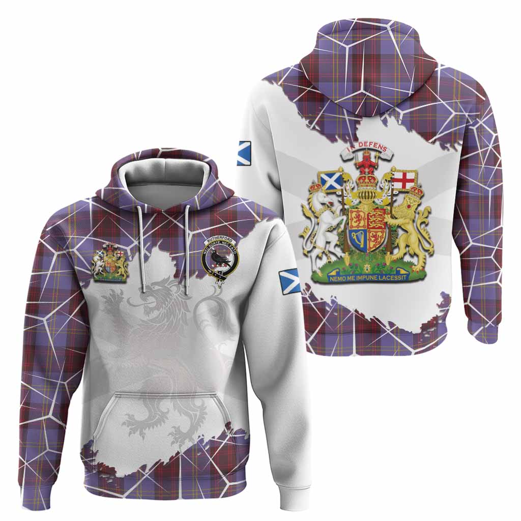 Rutherford Tartan Hoodie with Family Crest and Lion Rampant Grunge Style