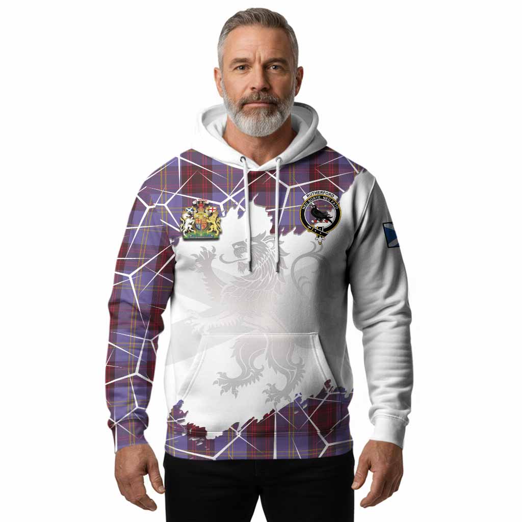 Rutherford Tartan Hoodie with Family Crest and Lion Rampant Grunge Style