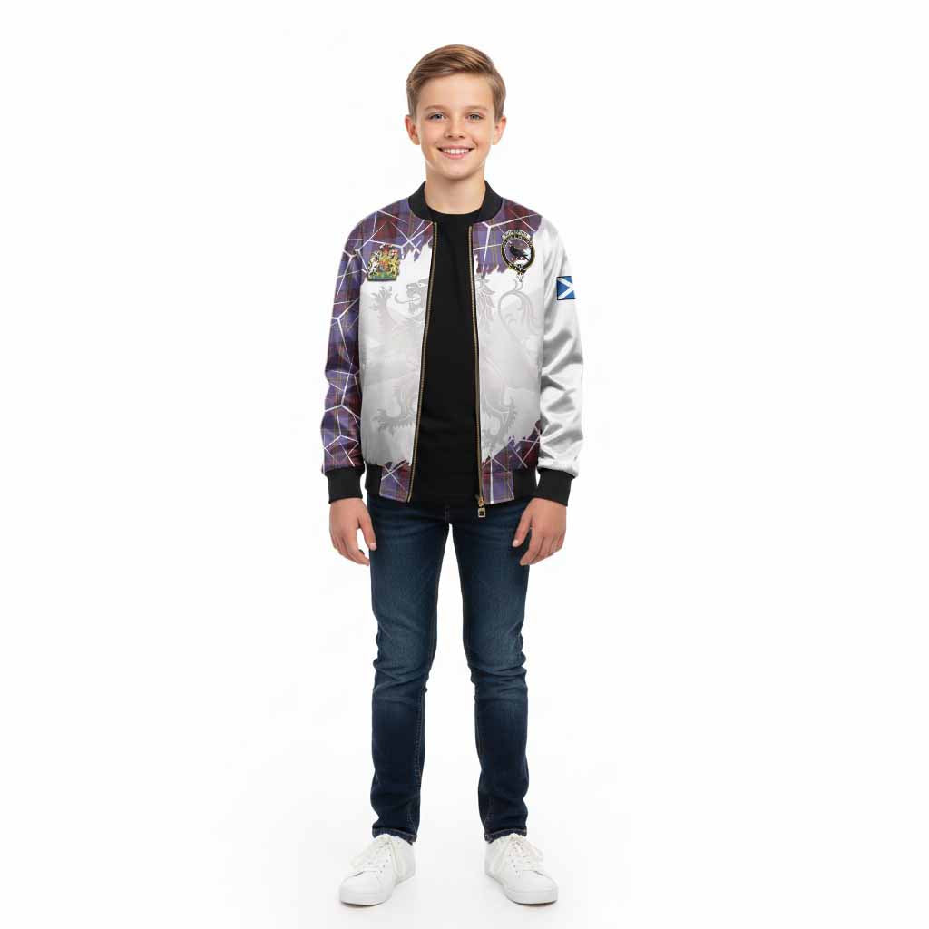 Rutherford Tartan Kid Bomber Jacket with Family Crest and Lion Rampant Grunge Style