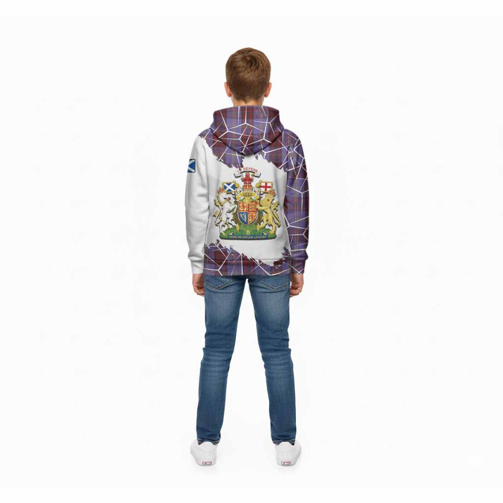 Rutherford Tartan Kid Hoodie with Family Crest and Lion Rampant Grunge Style