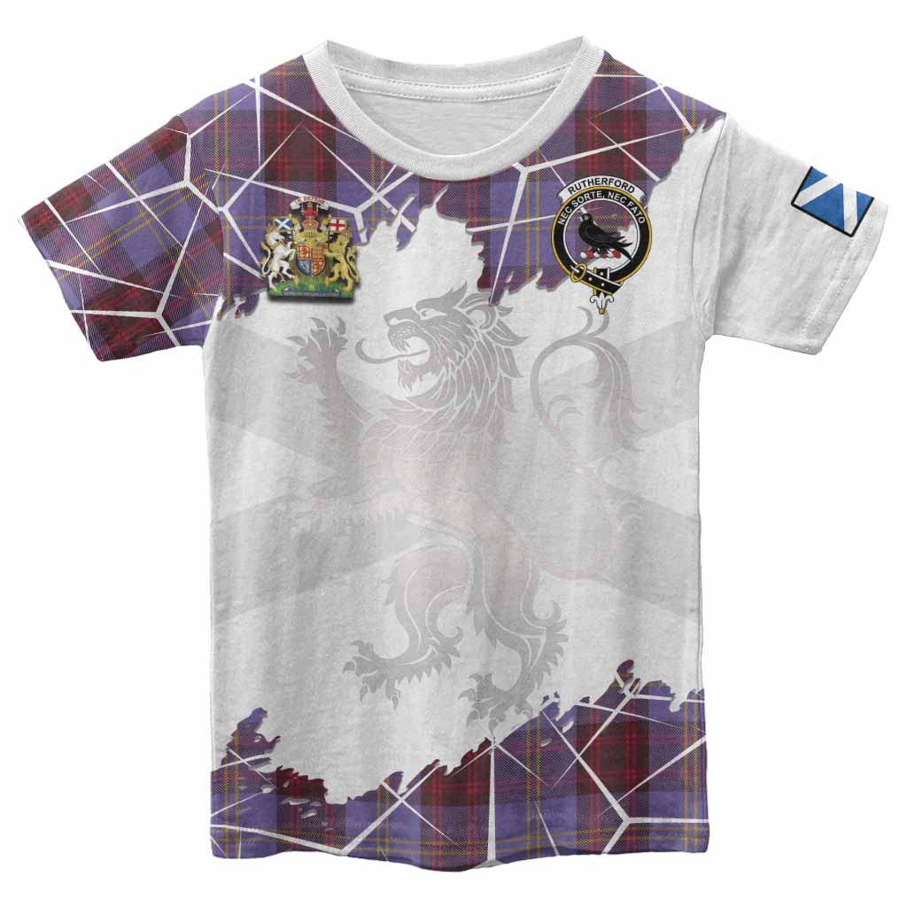 Rutherford Tartan Kid T-shirt with Family Crest and Lion Rampant Grunge Style