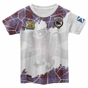 Rutherford Tartan Kid T-shirt with Family Crest and Lion Rampant Grunge Style