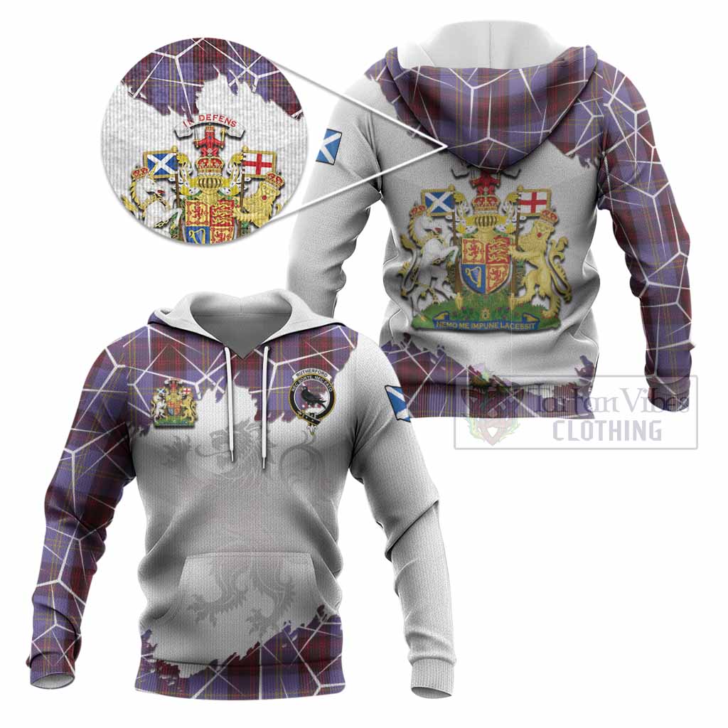 Rutherford Tartan Knitted Hoodie with Family Crest and Lion Rampant Grunge Style