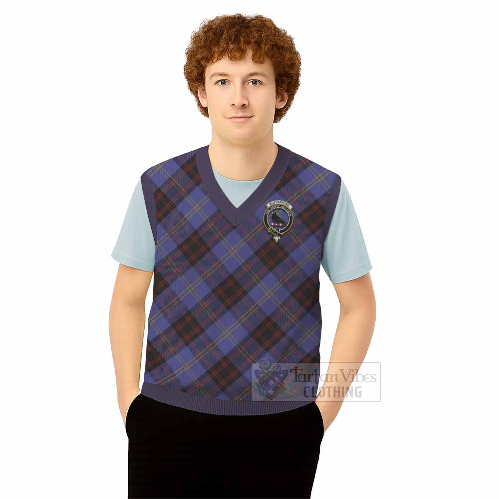 Rutherford Tartan Knitted V-Neck Vest with Family Crest Cross Style