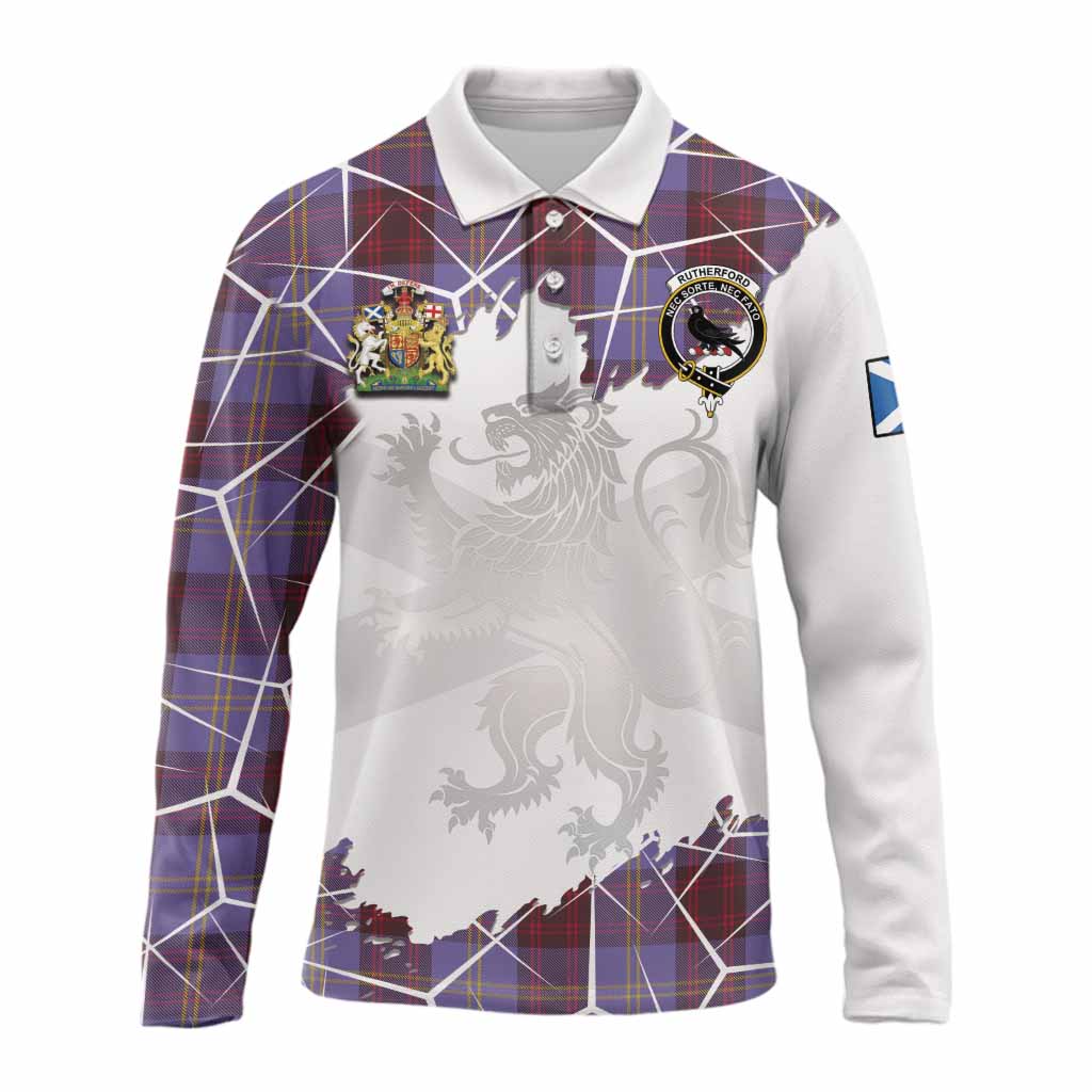 Rutherford Tartan Long Sleeve Polo Shirt with Family Crest and Lion Rampant Grunge Style