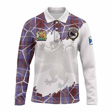 Rutherford Tartan Long Sleeve Polo Shirt with Family Crest and Lion Rampant Grunge Style