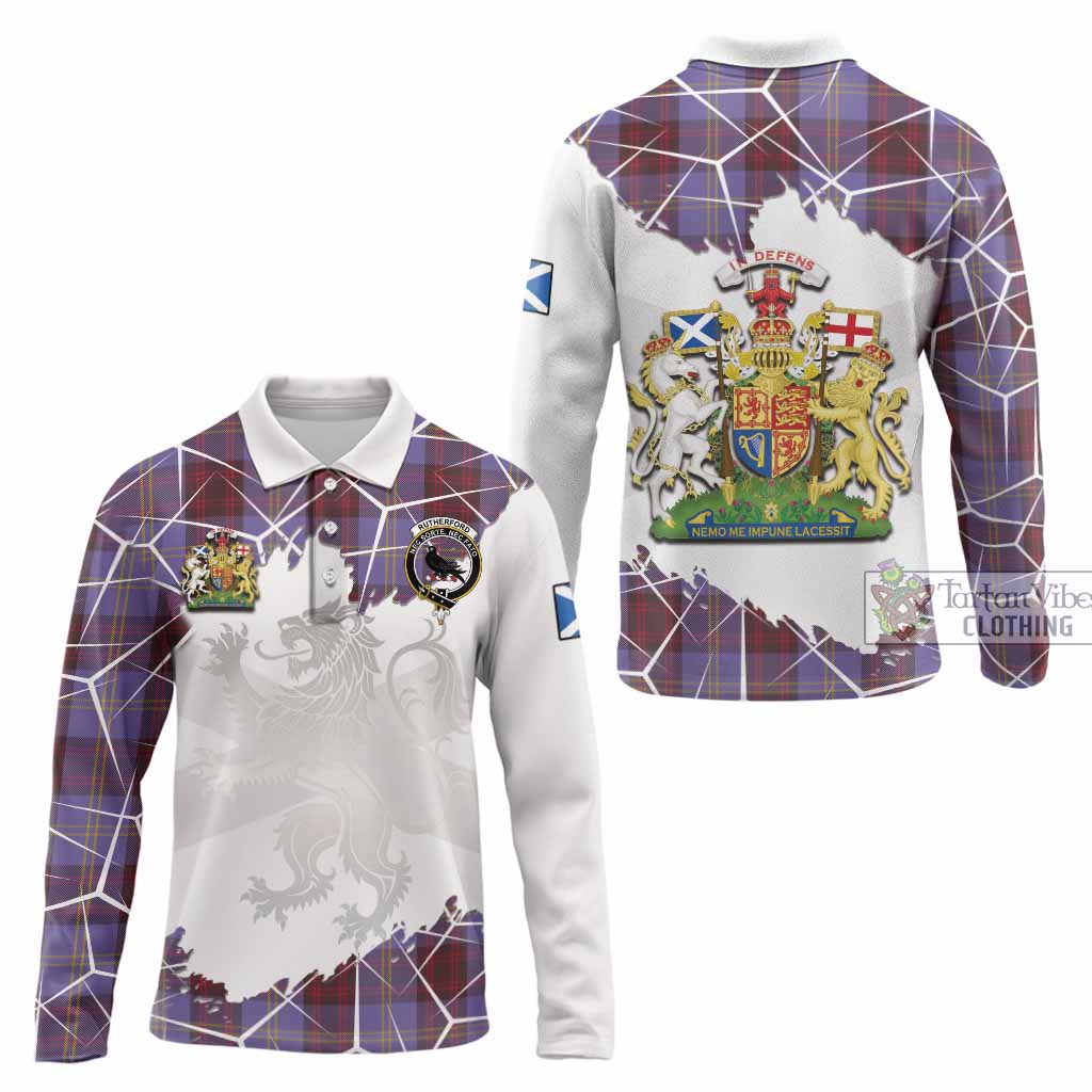 Rutherford Tartan Long Sleeve Polo Shirt with Family Crest and Lion Rampant Grunge Style