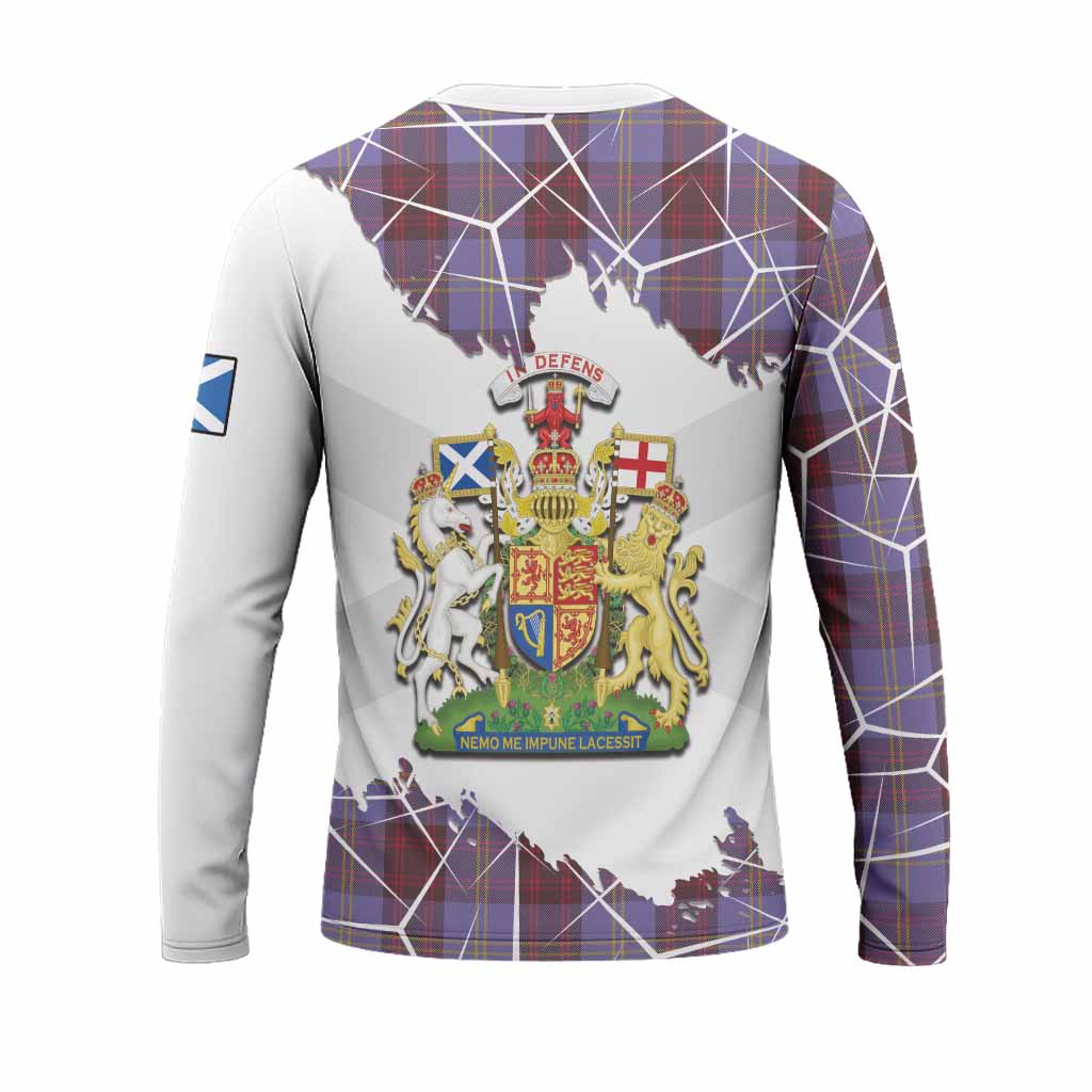 Rutherford Tartan Long Sleeve T-Shirt with Family Crest and Lion Rampant Grunge Style