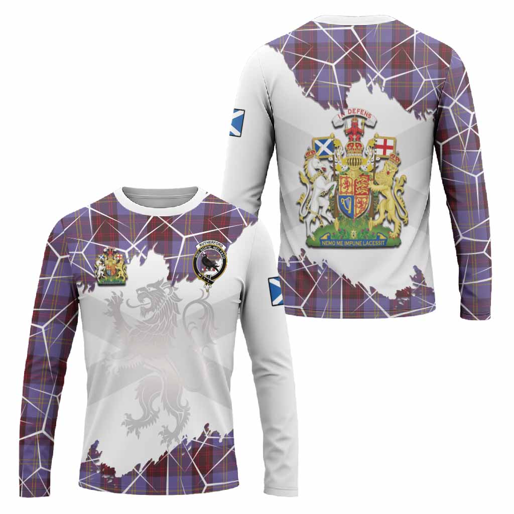Rutherford Tartan Long Sleeve T-Shirt with Family Crest and Lion Rampant Grunge Style