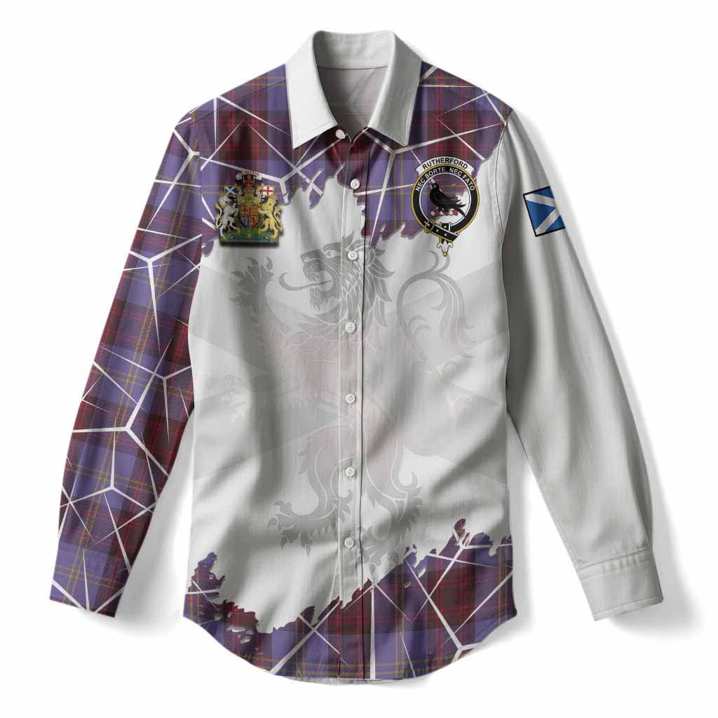 Rutherford Tartan Women Casual Shirt with Family Crest and Lion Rampant Grunge Style
