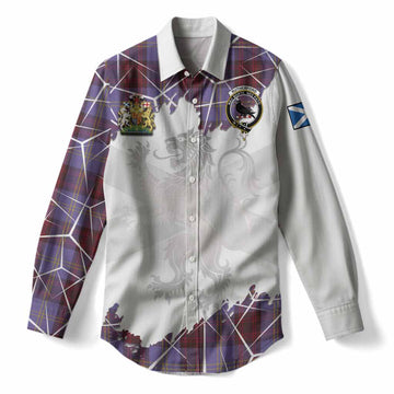 Rutherford Tartan Women Casual Shirt with Family Crest and Lion Rampant Grunge Style