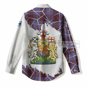 Rutherford Tartan Women Casual Shirt with Family Crest and Lion Rampant Grunge Style