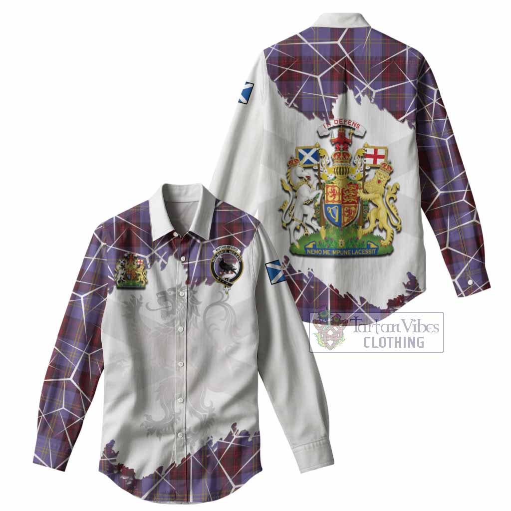 Rutherford Tartan Women Casual Shirt with Family Crest and Lion Rampant Grunge Style