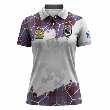 Rutherford Tartan Women Polo Shirt with Family Crest and Lion Rampant Grunge Style