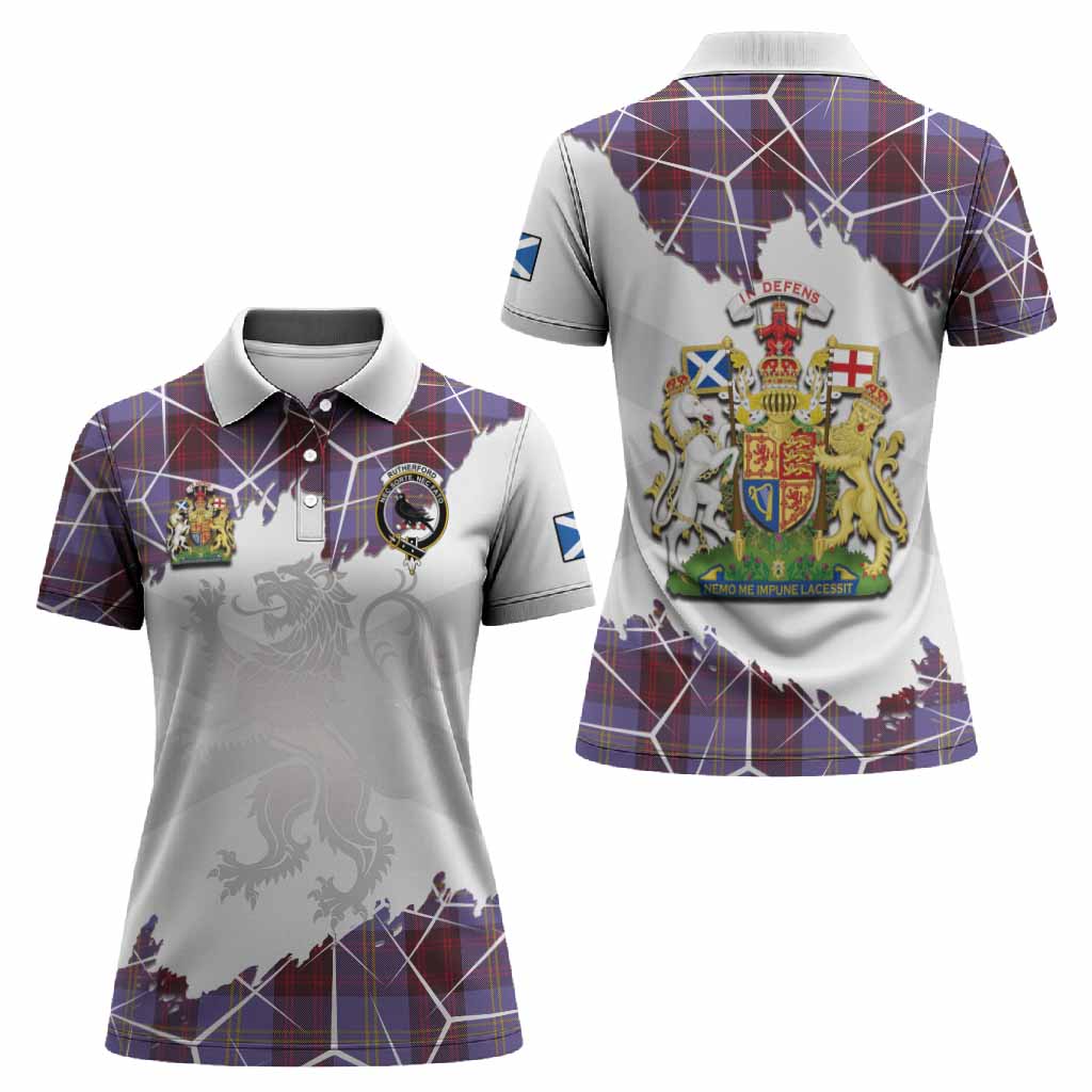 Rutherford Tartan Women Polo Shirt with Family Crest and Lion Rampant Grunge Style