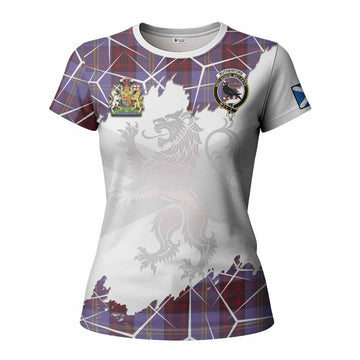 Rutherford Tartan Women T shirt with Family Crest and Lion Rampant Grunge Style