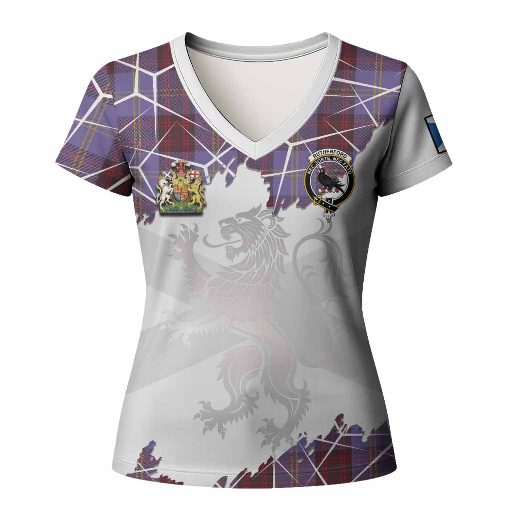 Rutherford Tartan Women T shirt with Family Crest and Lion Rampant Grunge Style