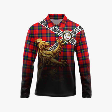 Ruthven Crest Tartan Long Sleeve Polo Shirt with Golden Lion Emblem Celtic Style Unisex - Tartan Vibes Clothing