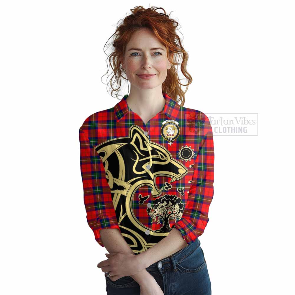 Ruthven Tartan Women's Casual Shirt with Family Crest Celtic Wolf Style Female - Tartan Vibes Clothing