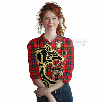Ruthven Tartan Women's Casual Shirt with Family Crest Celtic Wolf Style Female - Tartan Vibes Clothing