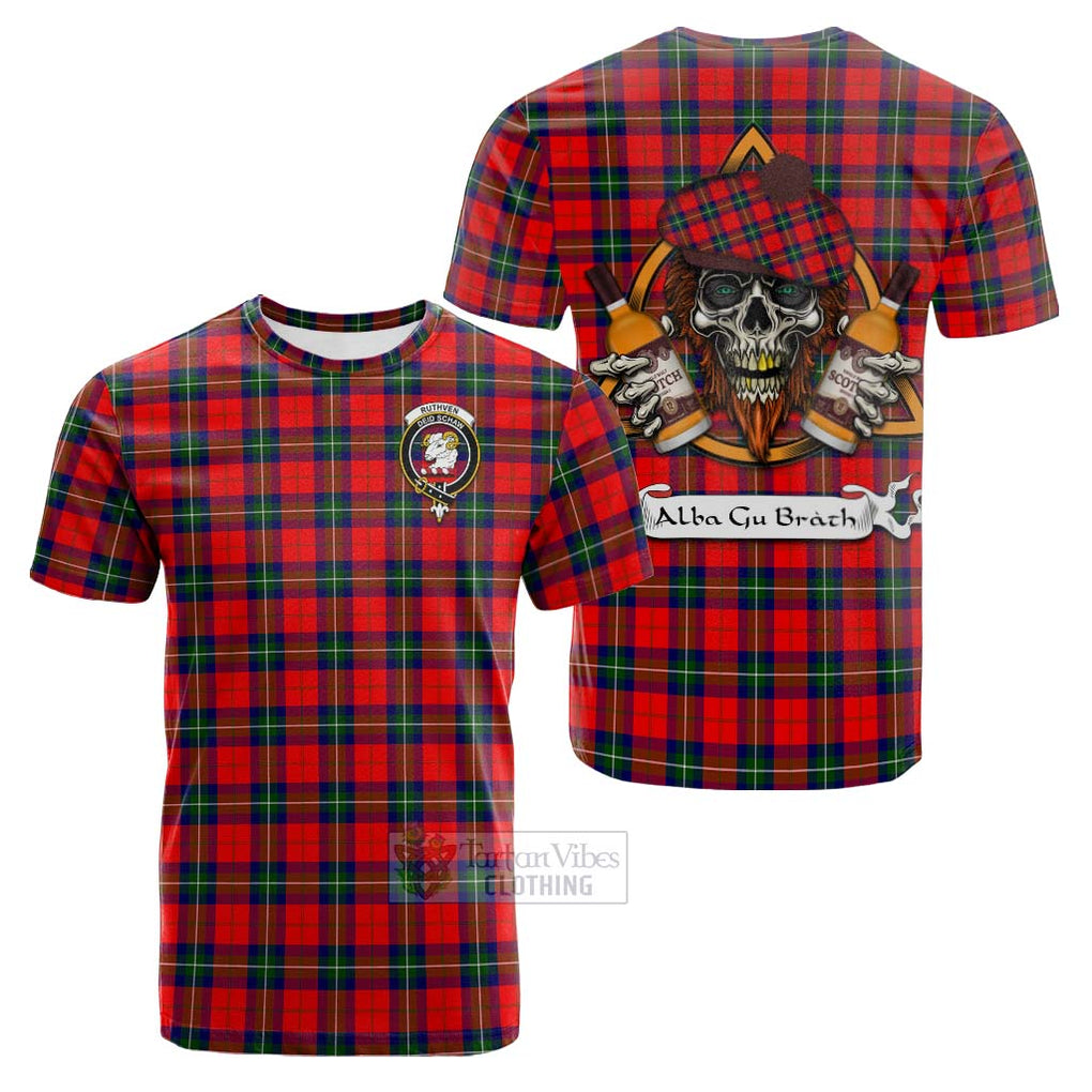 Tartan Vibes Clothing Ruthven Tartan Cotton T-shirt with Family Crest and Bearded Skull Holding Bottles of Whiskey