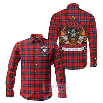 Ruthven Tartan Long Sleeve Button Shirt with Family Crest and Bearded Skull Holding Bottles of Whiskey Men's Shirt S - Tartan Vibes Clothing