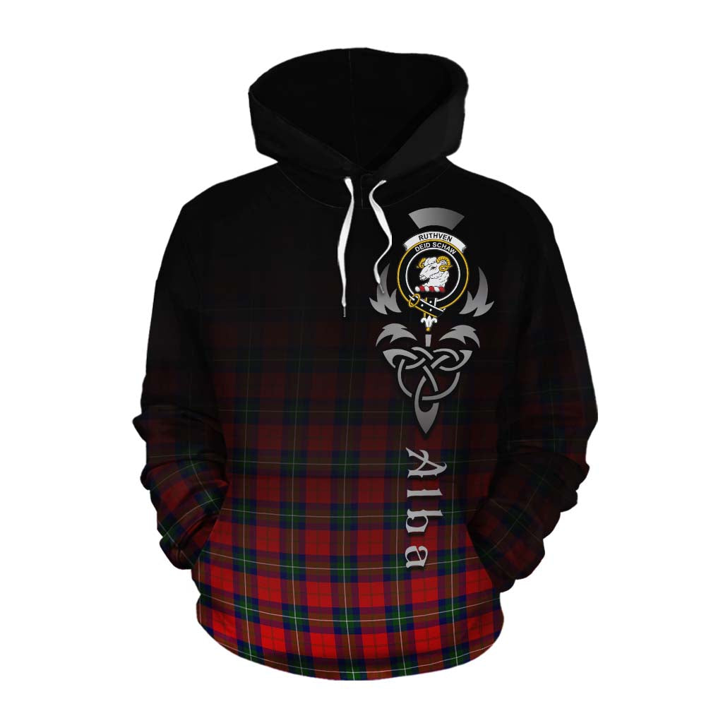 Tartan Vibes Clothing Ruthven Tartan Cotton Hoodie Featuring Alba Gu Brath Family Crest Celtic Inspired