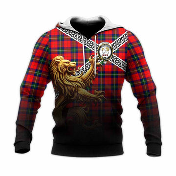 Tartan Vibes Clothing Ruthven Crest Tartan Knitted Hoodie with Golden Lion Emblem Celtic Style