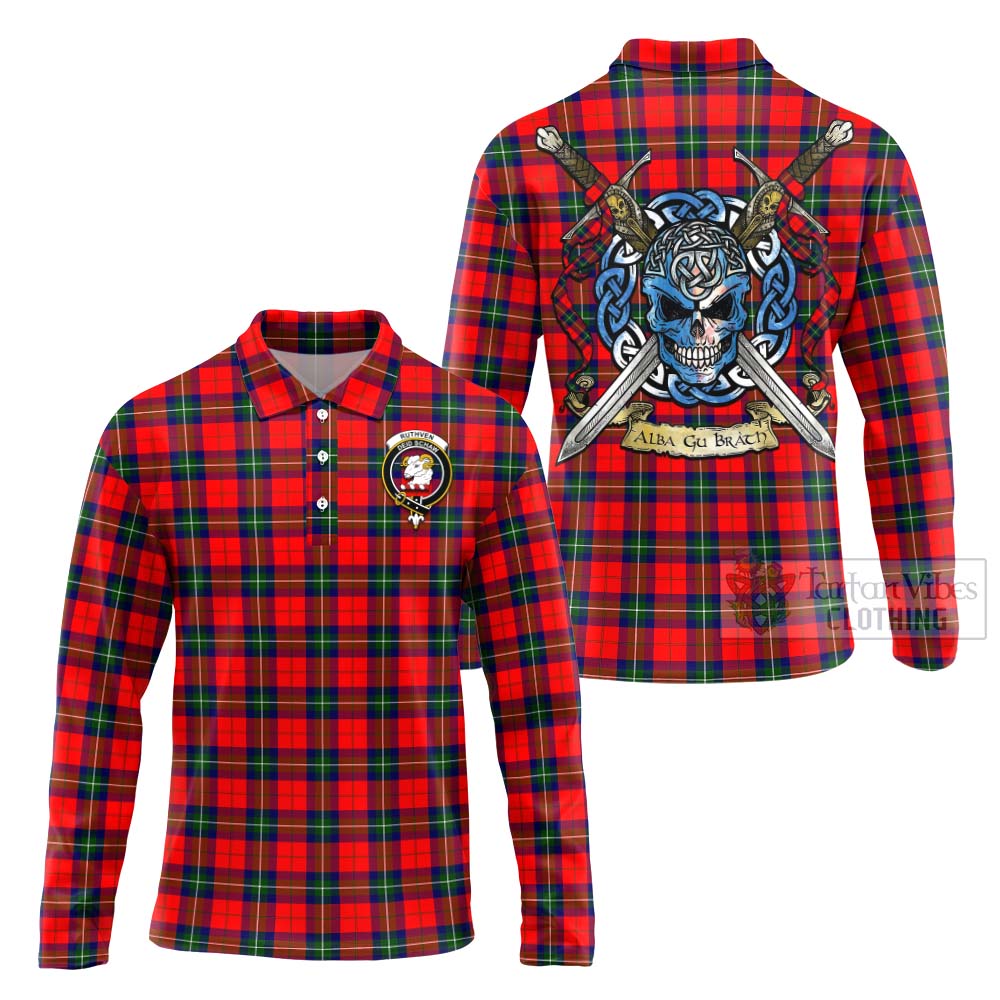 Ruthven Tartan Long Sleeve Polo Shirt with Family Crest Celtic Skull Style Unisex - Tartan Vibes Clothing