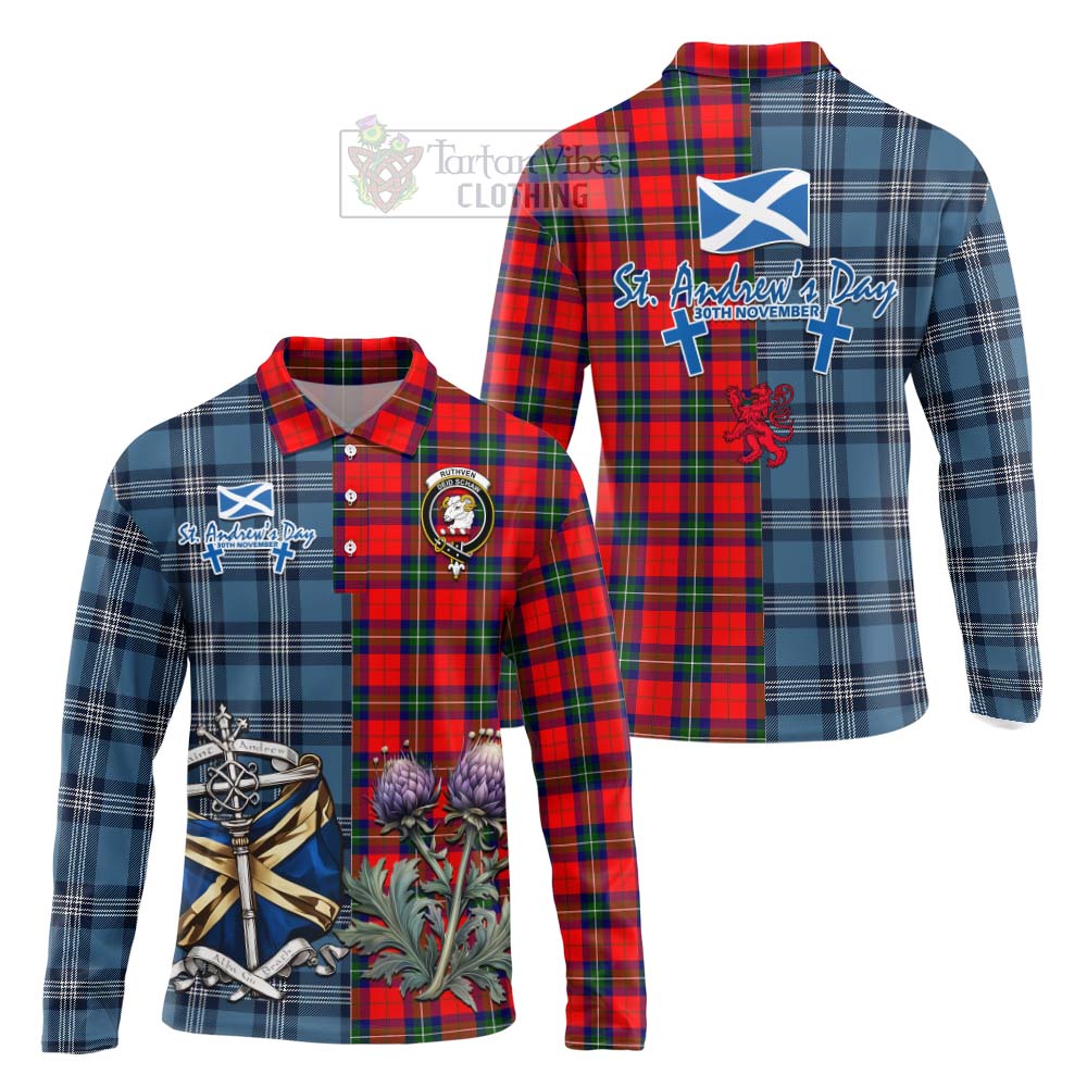 Ruthven Tartan Long Sleeve Polo Shirt Happy St. Andrew's Day Half Tartan Style Unisex - Tartan Vibes Clothing