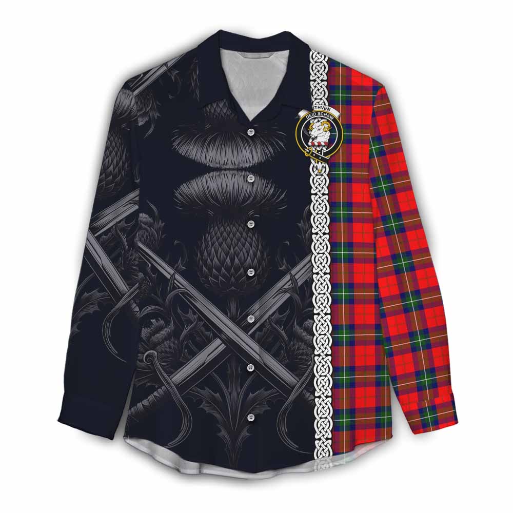 Ruthven Tartan Women's Casual Shirt with Family Crest Cross Sword Thistle Celtic Vibes Female - Tartan Vibes Clothing