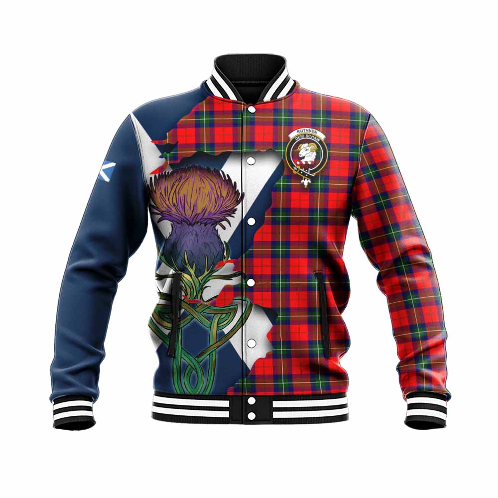 Tartan Vibes Clothing Ruthven Tartan Family Crest Baseball Jacket Scottish Thistle Celtic Inspired