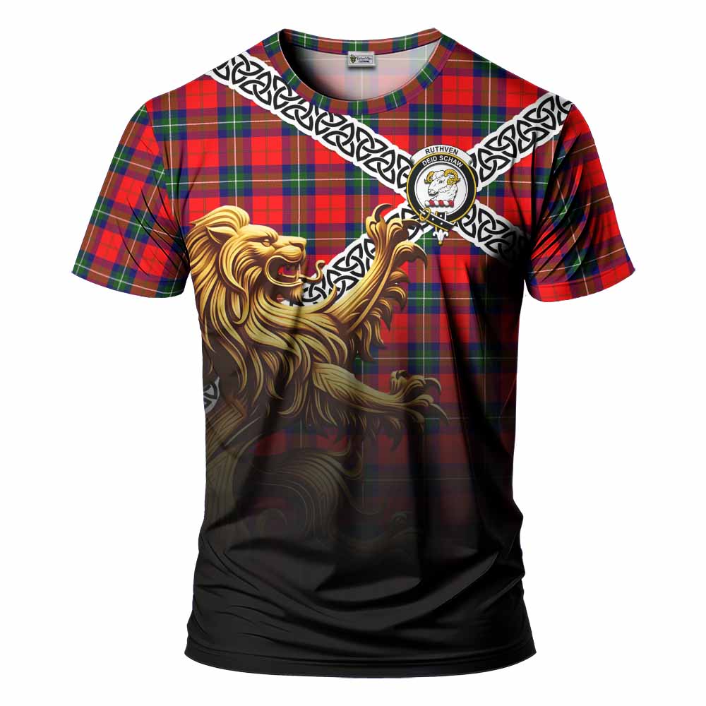 Ruthven Crest Tartan T-Shirt with Golden Lion Emblem Celtic Style Kid's Shirt - Tartan Vibes Clothing