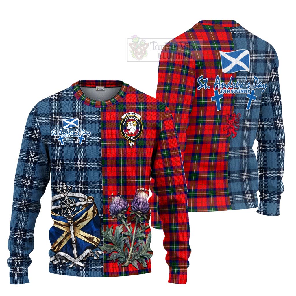 Ruthven Tartan Knitted Sweater Happy St. Andrew's Day Half Tartan Style Unisex - Tartan Vibes Clothing