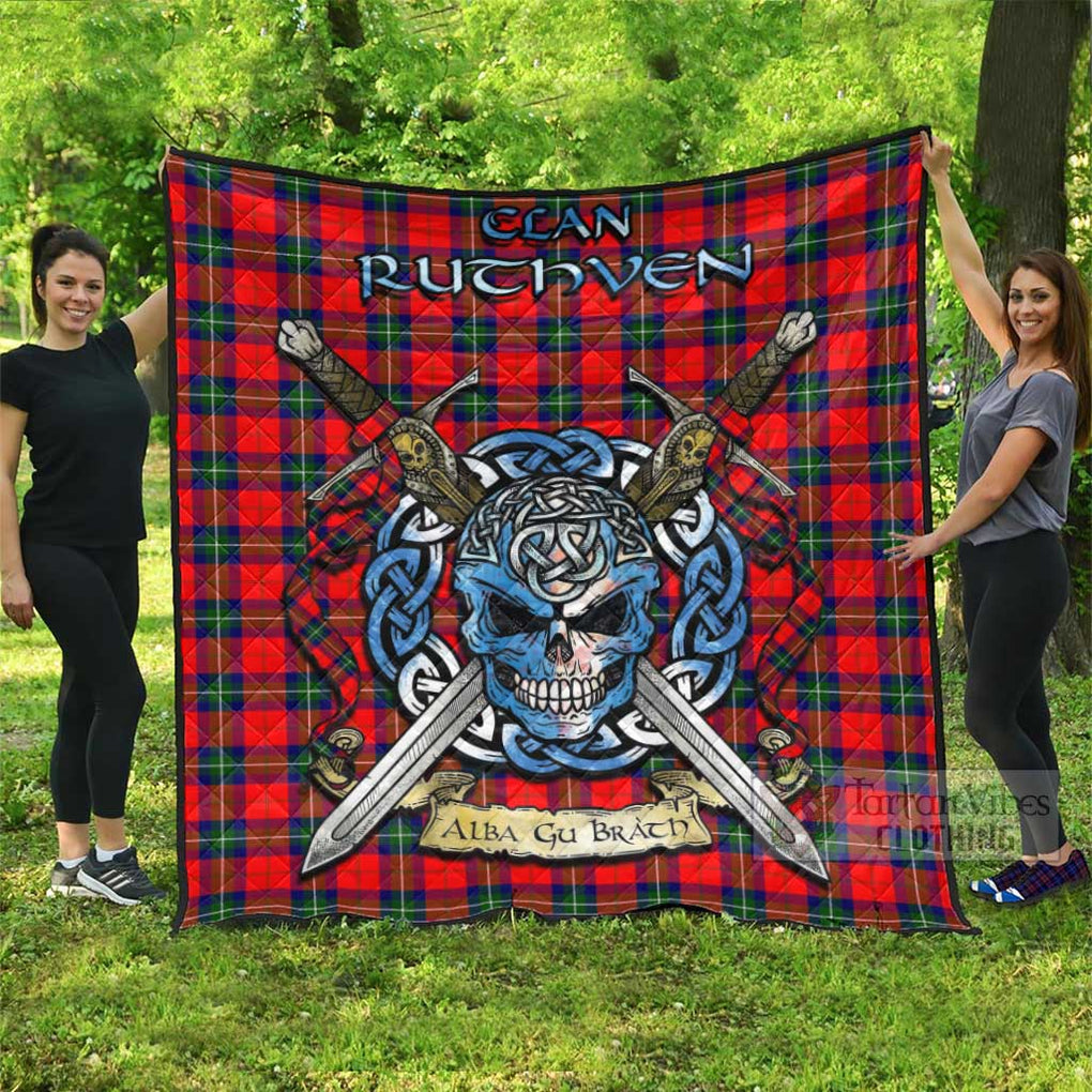 Ruthven Tartan Quilt with Celtic Skull Alba Gu Brath Style Super King Quilt 91" x 110" - Tartan Vibes Clothing