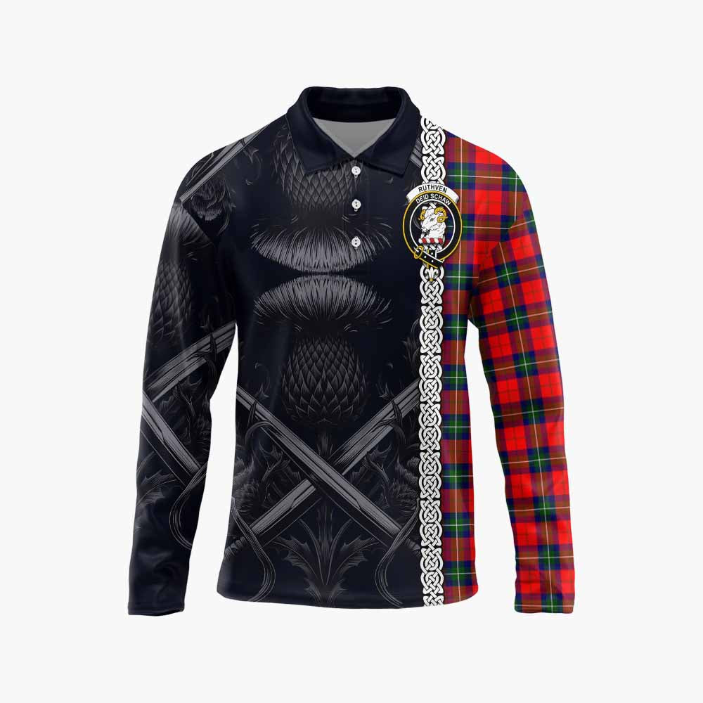 Ruthven Tartan Long Sleeve Polo Shirt with Family Crest Cross Sword Thistle Celtic Vibes Unisex - Tartan Vibes Clothing