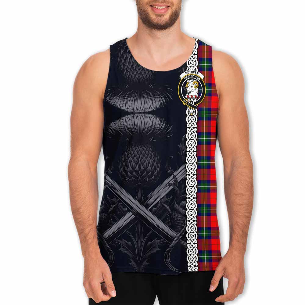 Ruthven Tartan Men's Tank Top with Family Crest Cross Sword Thistle Celtic Vibes Men - Tartan Vibes Clothing