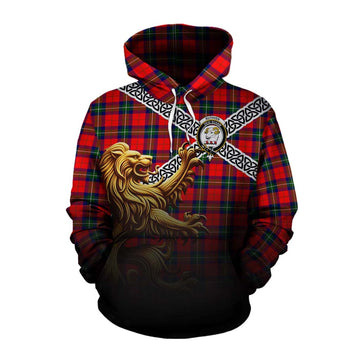 Tartan Vibes Clothing Ruthven Crest Tartan Cotton Hoodie with Golden Lion Emblem Celtic Style