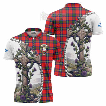 Ruthven Tartan Zipper Polo Shirt with Family Crest and St. Andrew's Cross Accented by Thistle Vines Unisex - Tartan Vibes Clothing