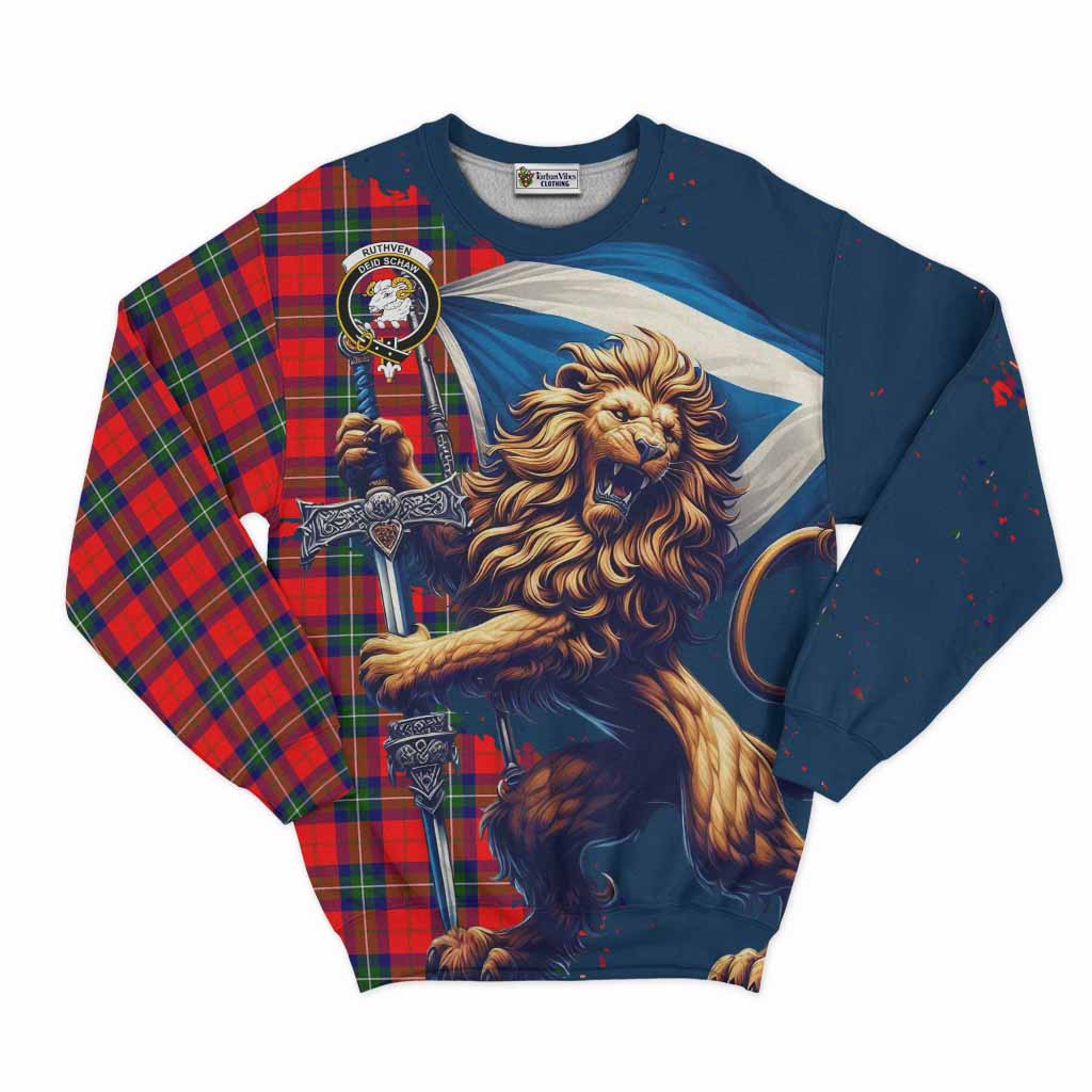 Ruthven Tartan Family Crest Sweatshirt with Scottish Majestic Lion Unisex - Tartan Vibes Clothing