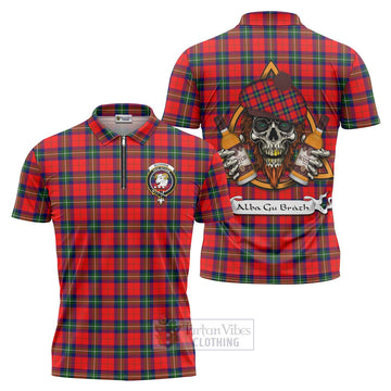 Ruthven Tartan Zipper Polo Shirt with Family Crest and Bearded Skull Holding Bottles of Whiskey Unisex - Tartan Vibes Clothing