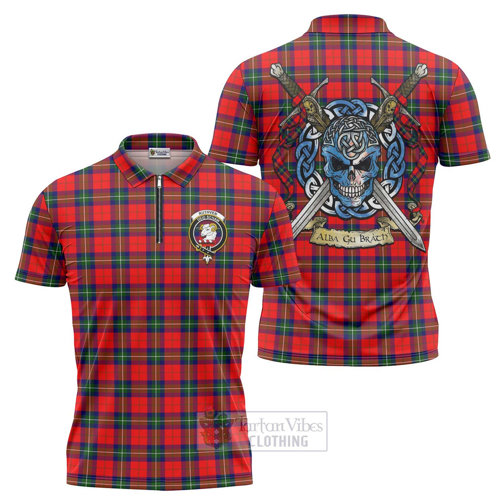 Ruthven Tartan Zipper Polo Shirt with Family Crest Celtic Skull Style Unisex - Tartan Vibes Clothing
