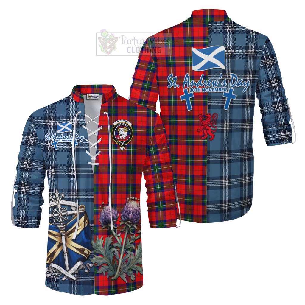 Ruthven Tartan Ghillie Kilt Shirt Happy St. Andrew's Day Half Tartan Style Men - Tartan Vibes Clothing