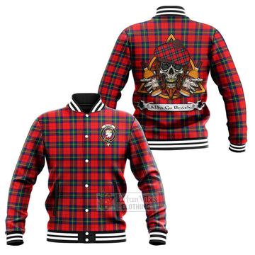 Ruthven Tartan Baseball Jacket with Family Crest and Bearded Skull Holding Bottles of Whiskey Unisex - Tartan Vibes Clothing