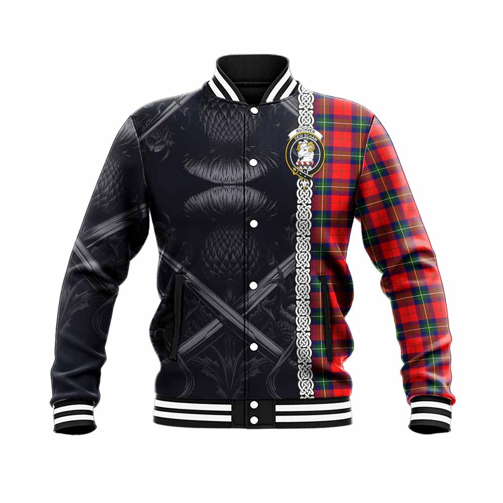 Ruthven Tartan Baseball Jacket with Family Crest Cross Sword Thistle Celtic Vibes Unisex - Tartan Vibes Clothing