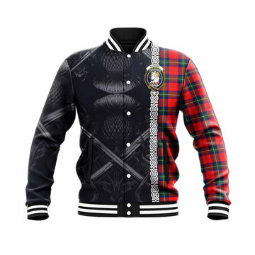 Ruthven Tartan Baseball Jacket with Family Crest Cross Sword Thistle Celtic Vibes Unisex - Tartan Vibes Clothing
