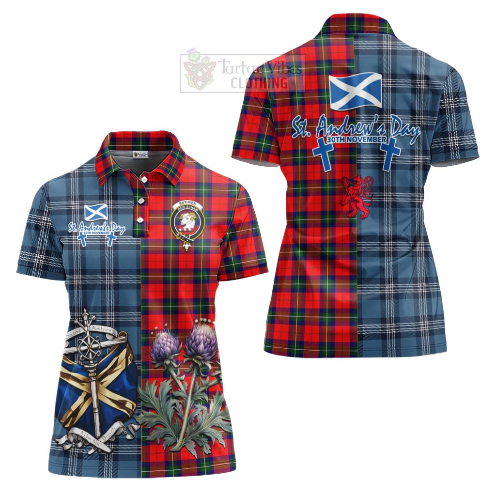 Ruthven Tartan Women's Polo Shirt Happy St. Andrew's Day Half Tartan Style Women - Tartan Vibes Clothing