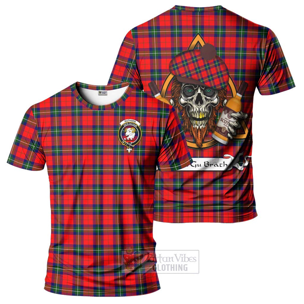Tartan Vibes Clothing Ruthven Tartan T-Shirt with Family Crest and Bearded Skull Holding Bottles of Whiskey