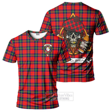Ruthven Tartan T-Shirt with Family Crest and Bearded Skull Holding Bottles of Whiskey