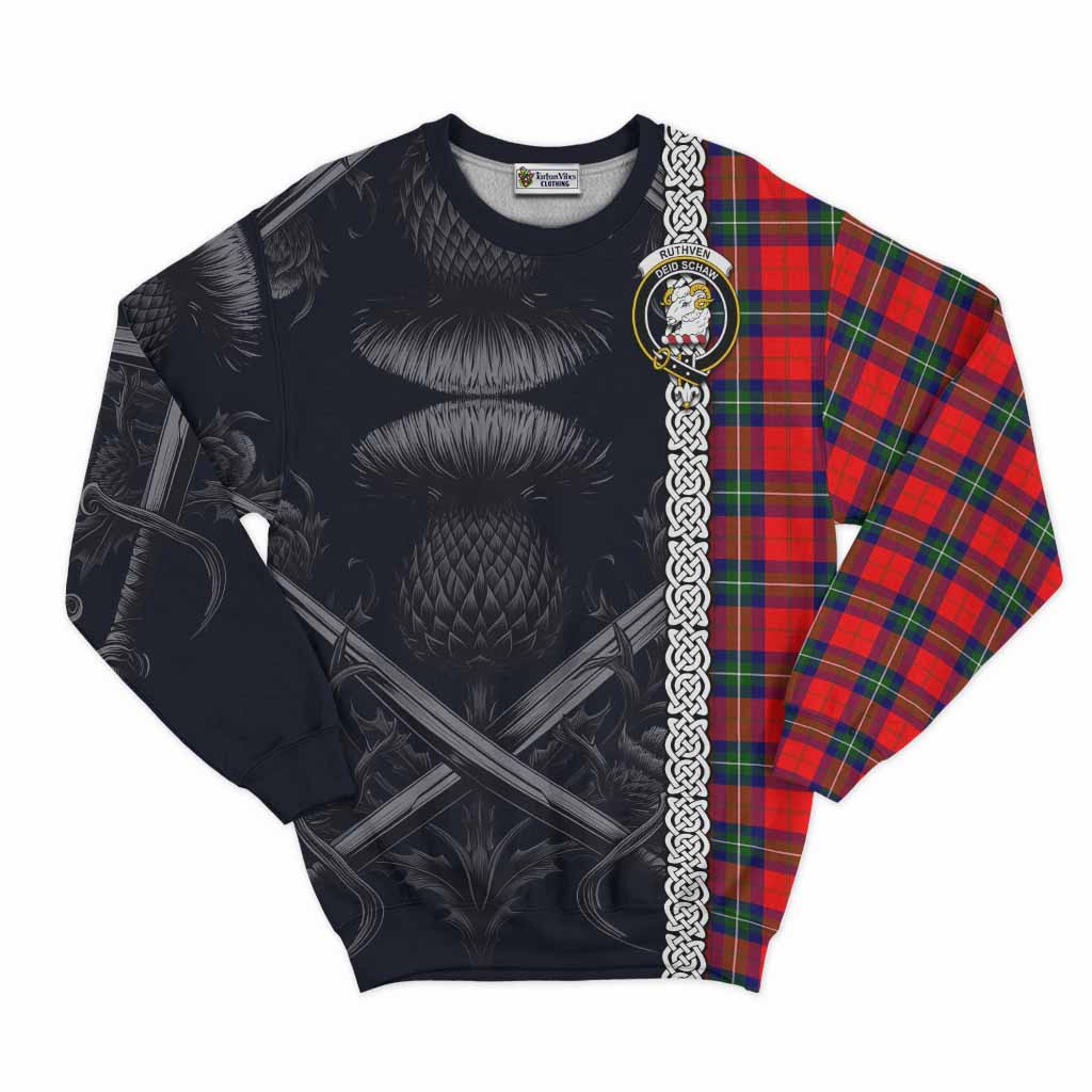 Ruthven Tartan Sweatshirt with Family Crest Cross Sword Thistle Celtic Vibes Unisex - Tartan Vibes Clothing